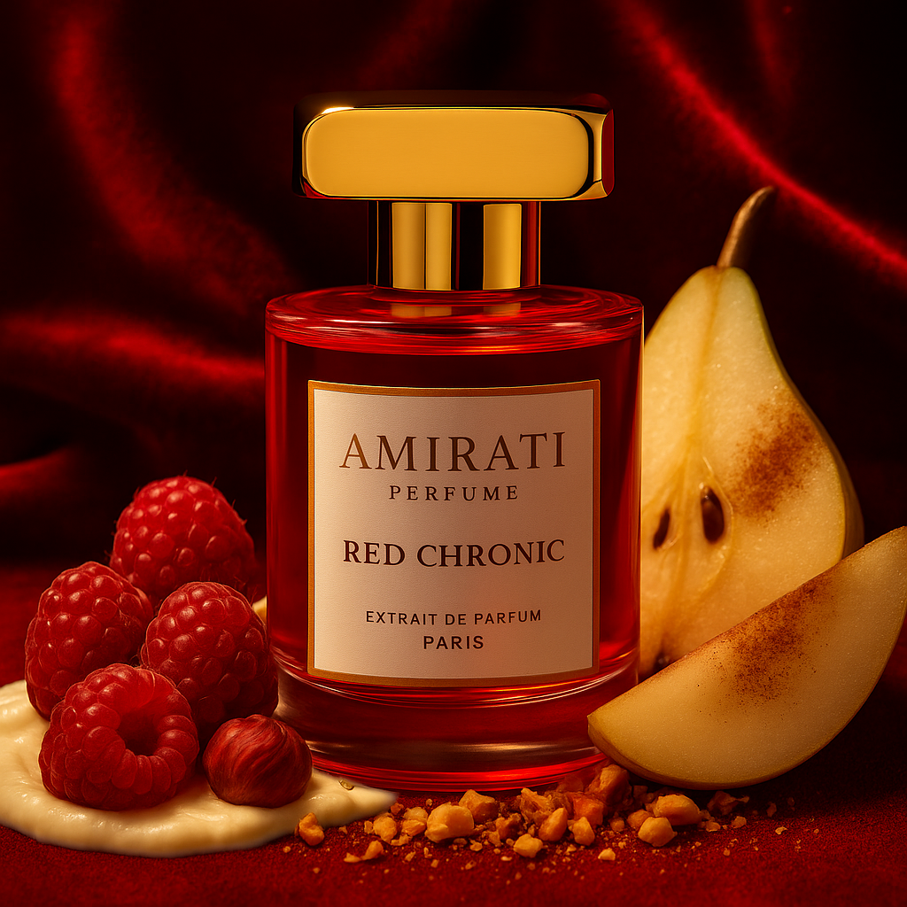 Flacon du parfum Red Chronic – Amirati Perfume – extrait fruité et boisé
Parfum intense à la framboise, cannelle et bois de santal – Red Chronic