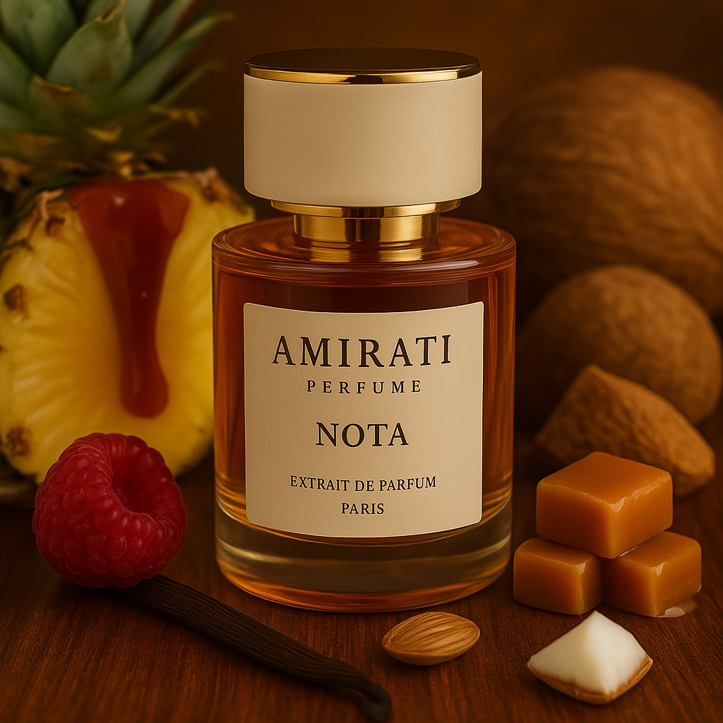 Flacon Nota d’Amirati – parfum ananas, vanille et caramel
Extrait de parfum gourmand tropical – Amirati Perfume