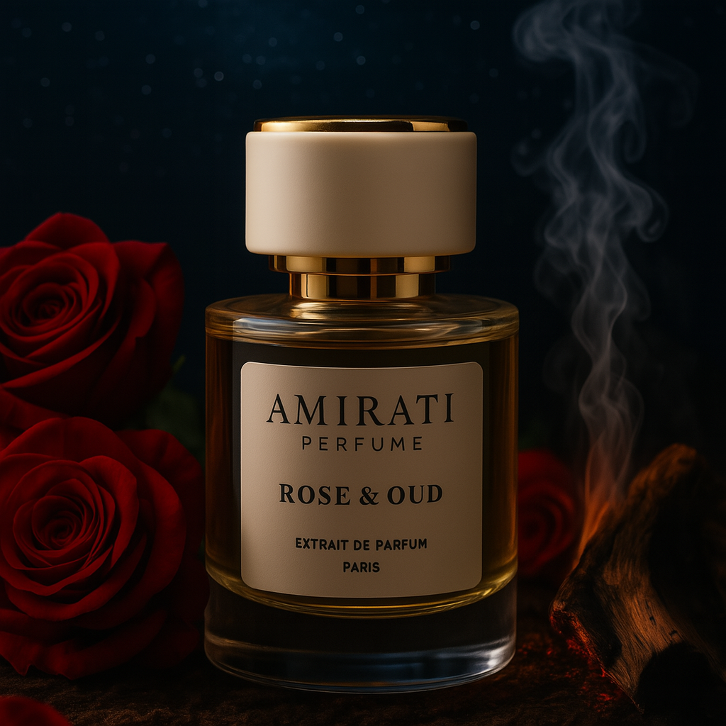 Flacon du parfum Rose & Oud – Amirati Perfume – extrait floral et boisé
Parfum à la rose, oud, praliné et girofle – Rose & Oud Amirati