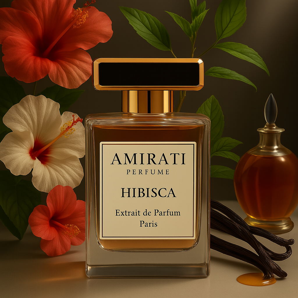 Parfum Hibisca d’Amirati – flacon floral hibiscus, rose et vanille
Extrait de parfum floral et fruité – Amirati Perfume Hibisca