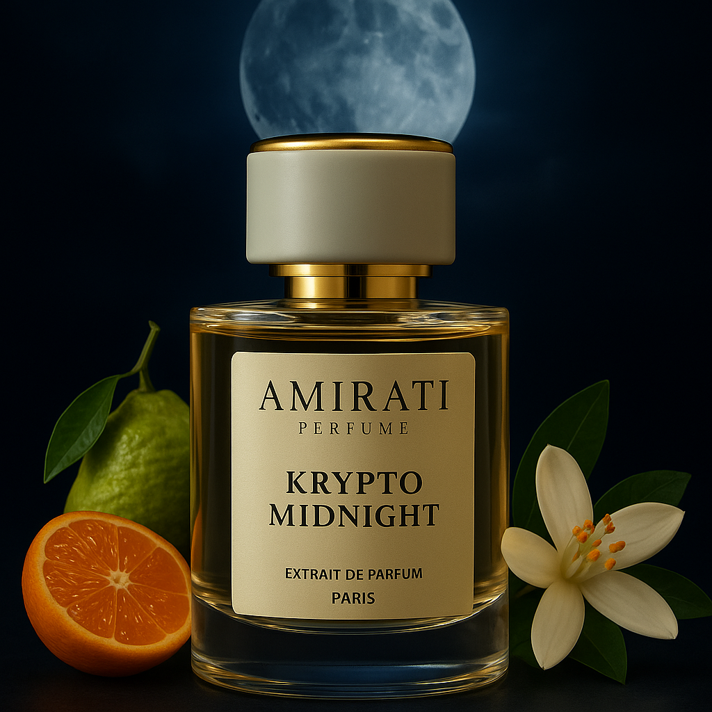 Flacon du parfum Krypto Midnight – Amirati Perfume – extrait fruité et élégant
Parfum à la poire, fleur d’oranger, ambre gris et bois de santal – Krypto Midnight Amirati
