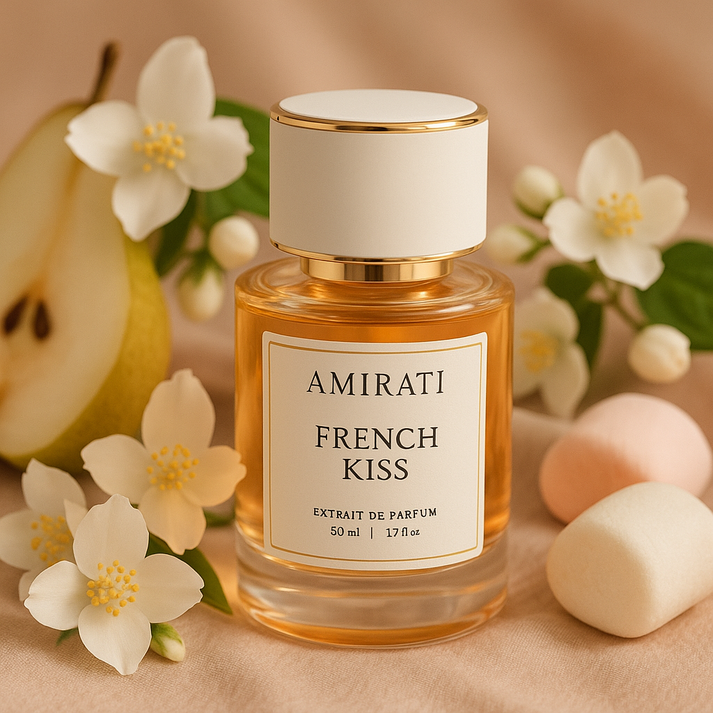 Flacon du parfum French Kiss – Amirati Perfume – extrait gourmand et sucré
Parfum à la poire, guimauve, bois de santal – French Kiss Amirati
