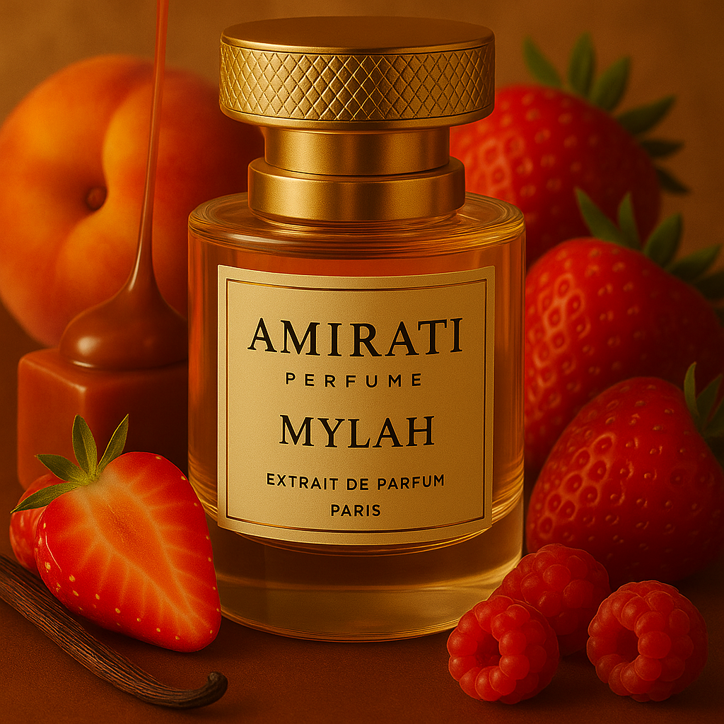 Flacon du parfum Mylah – Amirati Perfume – extrait fruité, caramel et oud
Parfum gourmand avec caramel, fraise, vanille et patchouli – Mylah Amirati