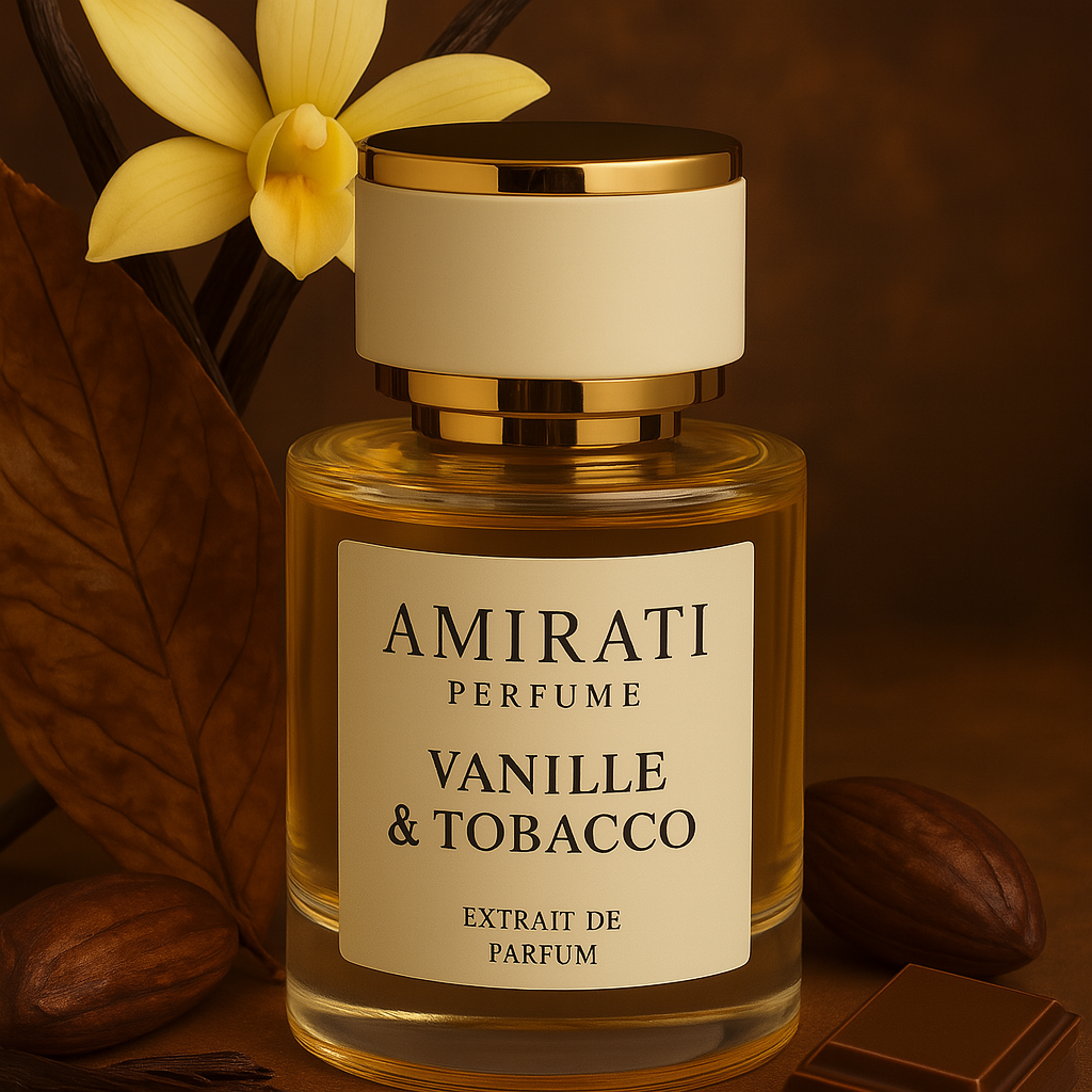 Flacon du parfum Vanille & Tobacco – Amirati Perfume – extrait chaud et boisé
Parfum au tabac, vanille, tonka et bois – Vanille & Tobacco