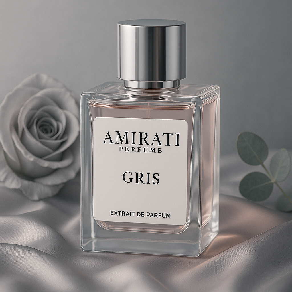 Flacon du parfum Gris – Amirati Perfume – extrait floral chypré mixte
Parfum élégant à la bergamote, rose et musc blanc – Gris Amirati