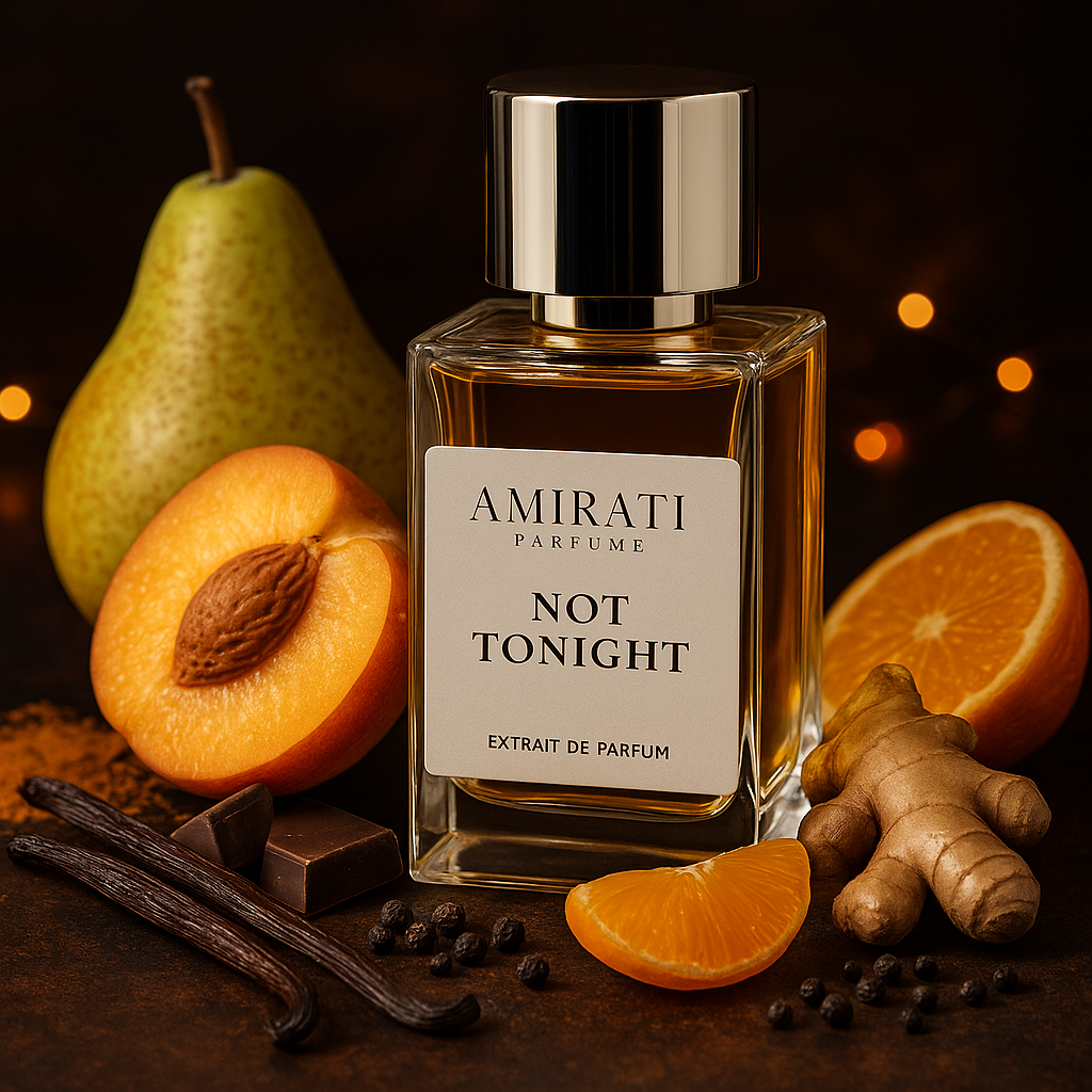 Flacon du parfum Not Tonight – Amirati Perfume – extrait fruité et sensuel
Parfum mixte Amirati à la poire, gingembre et vanille – Not Tonight
