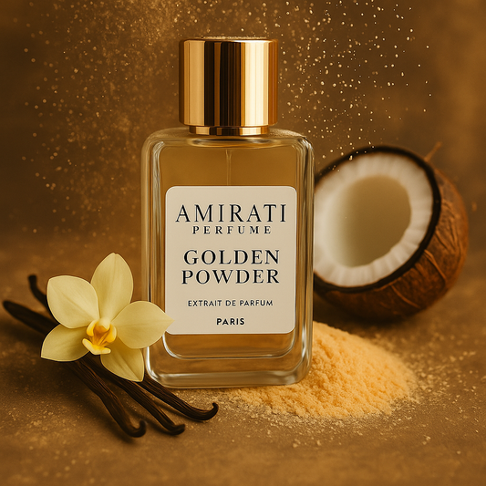 Flacon du parfum Golden Powder, extrait de parfum à la vanille et noix de coco par Amirati Perfume