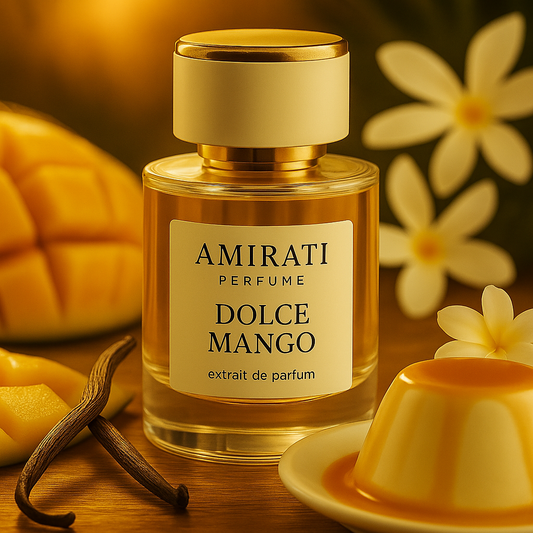 Flacon de Dolce Mango par Amirati Perfume, extrait de parfum à la mangue et vanille