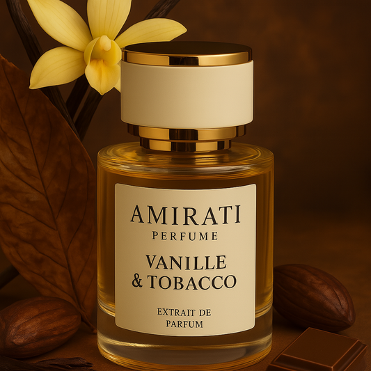 Flacon du parfum Vanille & Tobacco – Amirati Perfume – extrait chaud et boisé

Parfum au tabac, vanille, tonka et bois – Vanille & Tobacco