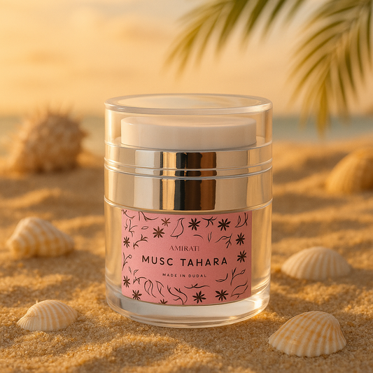 Musc Tahara Amirati – musc blanc 15ml pur, sans alcool, importé de Dubaï, pour une senteur fraîche et douce.