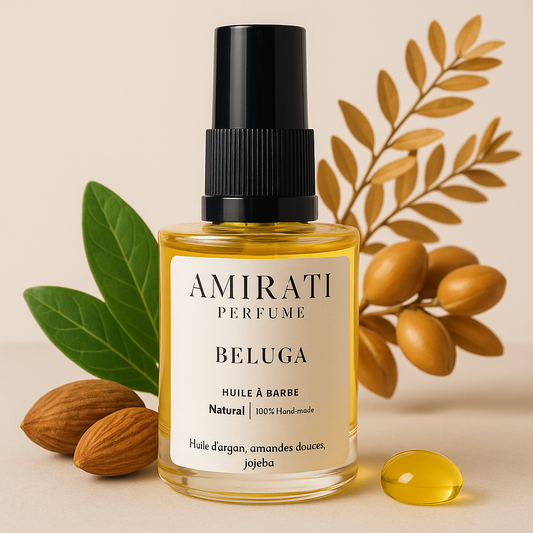 Huile à barbe naturelle parfumée Amirati – flacon élégant sur fond neutre