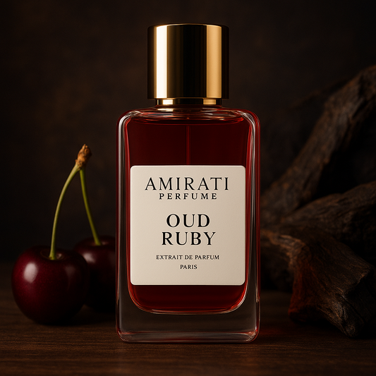 Oud Ruby par Amirati Perfume – extrait de parfum 50 ml, notes de cerise, rose et oud